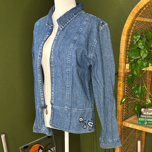 VTG CJ Banks Blue Jean Denim Floral Antique China Embroidered Zip Up Jacket - Picture 3 of 7
